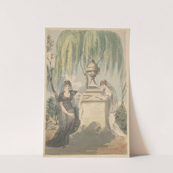 Preliminary design for mourning scene; two veiled women grieving over funerary monument with urn, weeping willow in background by John Rubens Smith