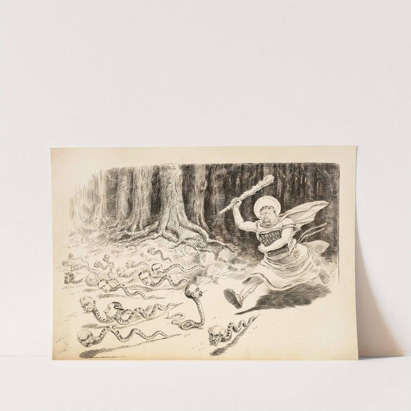 President Theodore Roosevelt, depicted as St. Patrick, chases snakes with the heads of men (1907) by William Henry Walker