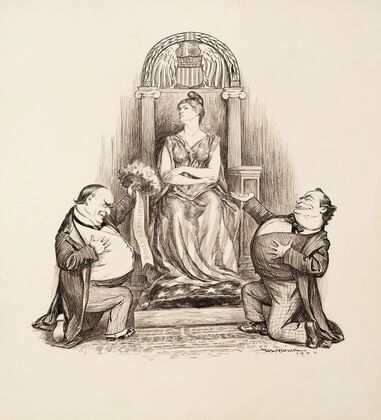 President William McKinley (Republican) and his opponent William Jennings Bryan (Democrat) both try to woe a woman sitting on a throne (1900) — size preview