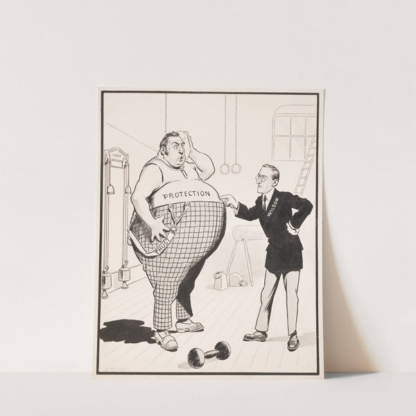 President Woodrow Wilson in a gym, trying to get an overweight man representing Protection Trust back into shape by Samuel Ehrhart