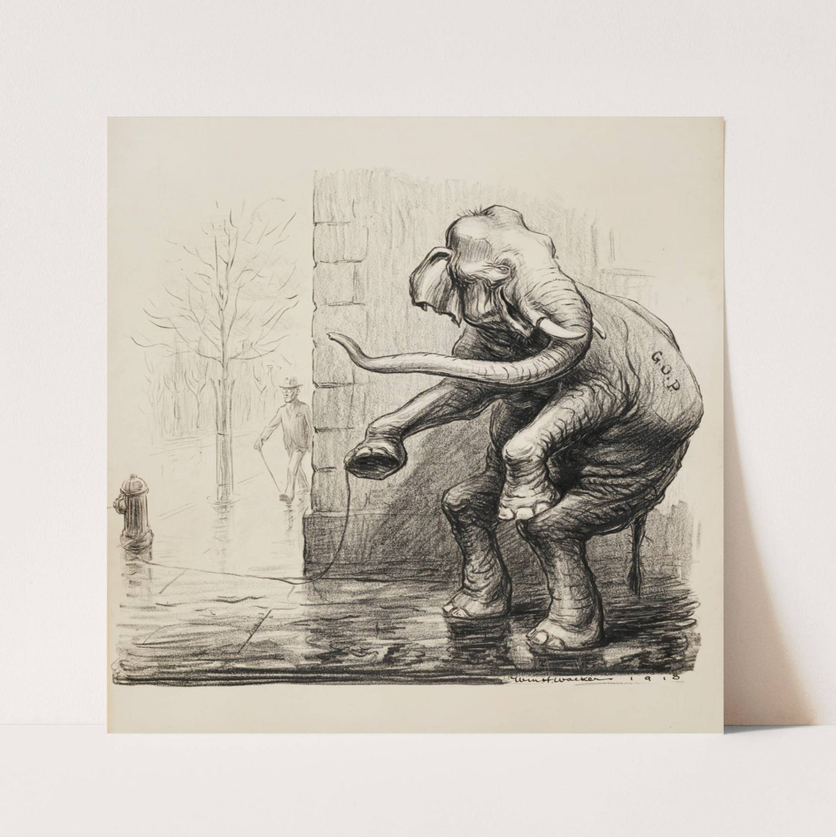 President Woodrow Wilson walks calmly down the street as the Republican Party elphant hides around the corner (1919) by William Henry Walker