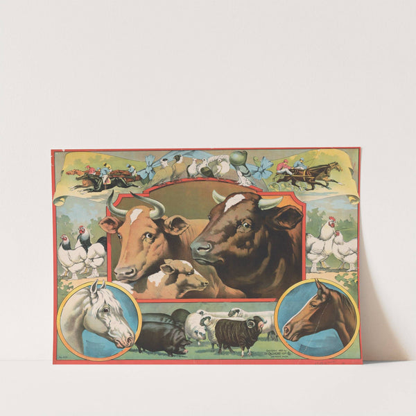 Print with cows at the center and chickens, horses, sheep, and birds surrounding the cows (1895) by Calvert Litho. Co