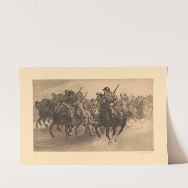 Prise de position ; Chevaux galopant, montés par des artilleurs, et traînant un canon by Constant Eugène de Busschere