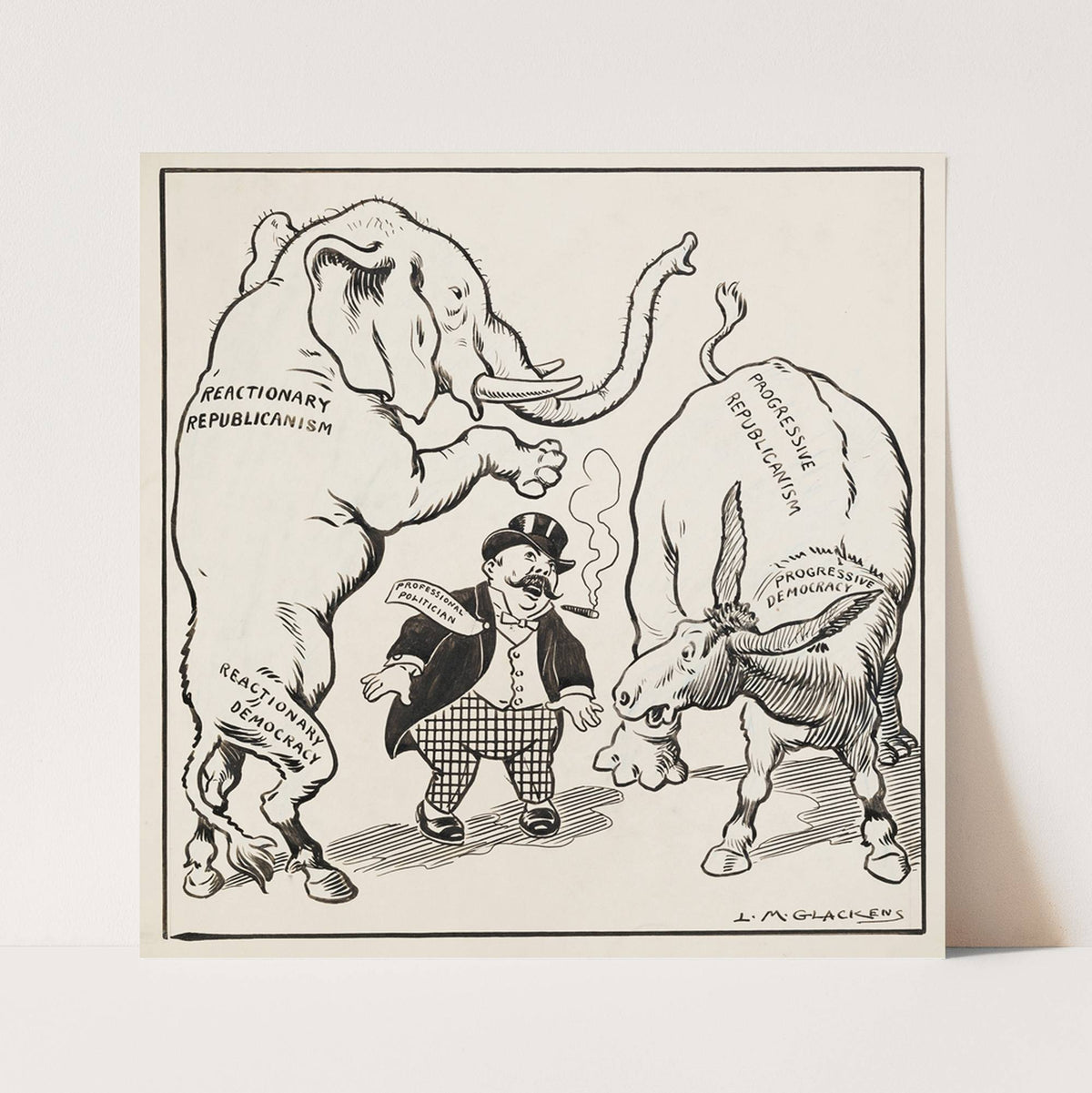 Professional politician stands between two composite animals (1908) by Louis Glackens