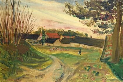 Promeneurs devant une ferme