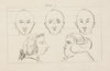 Three studies of heads above two profiles of male heads