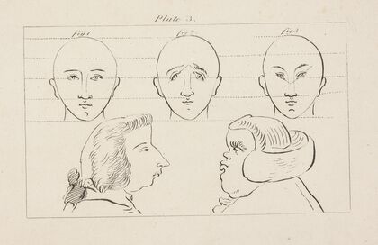 Three studies of heads above two profiles of male heads