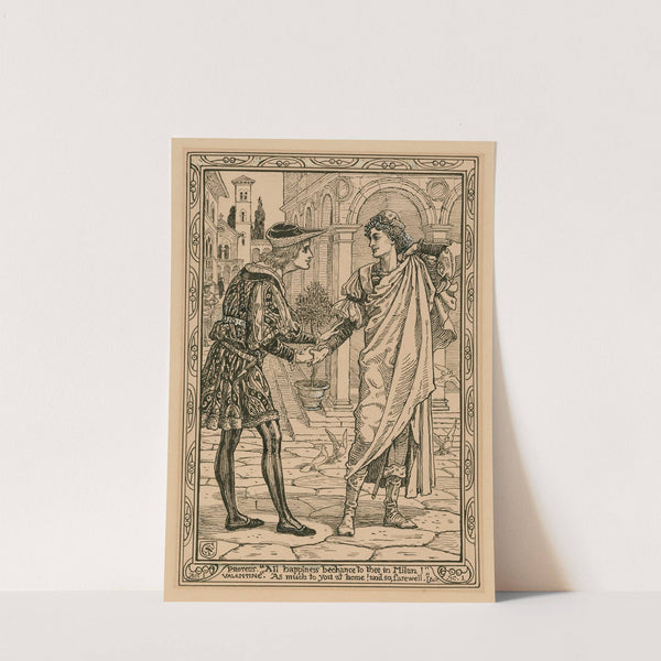 Proteus; ‘All happiness bechance to thee in Milan!’ Valentine; ‘As much to you at home! and so, farewell’ by Walter Crane