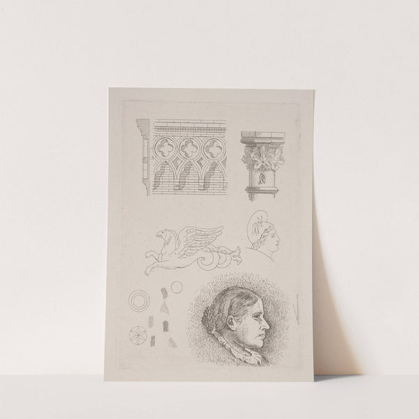 Prøveblad med arkitektoniske fragmenter og Frk Buchheisters portræt by August Jerndorff