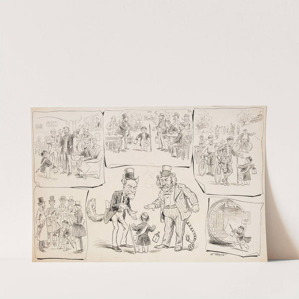 ‘Puck’s’ cherubic symbol out and about in the world. Six scenes including last of retreat back into ‘Puck Offices’ by Frederick Burr Opper