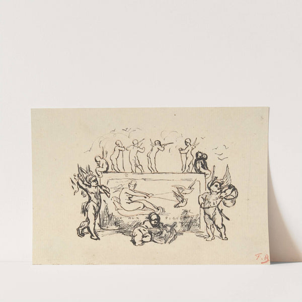 Putti grouped around a rectangular panel by Félicien Rops