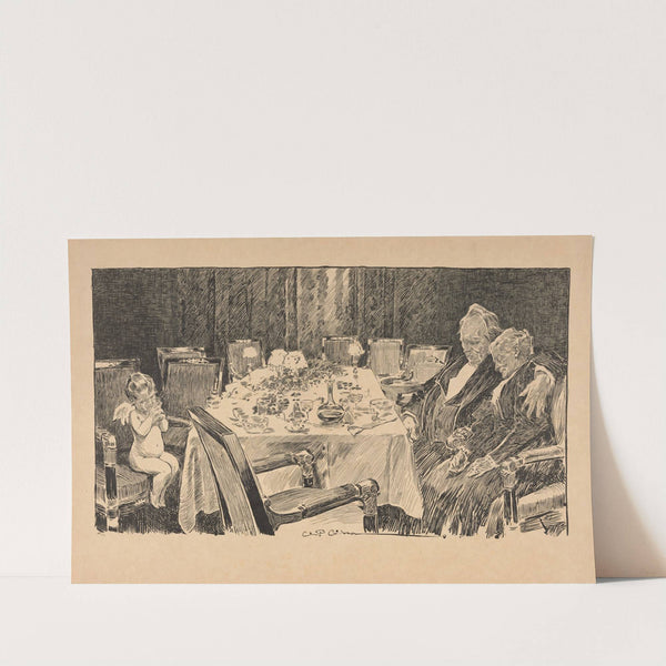 Putti sips champagne at banquet table near sleeping elderly couple by Charles Dana Gibson