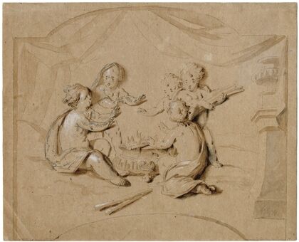 Putti warmen zich bij een vuur, de Winter