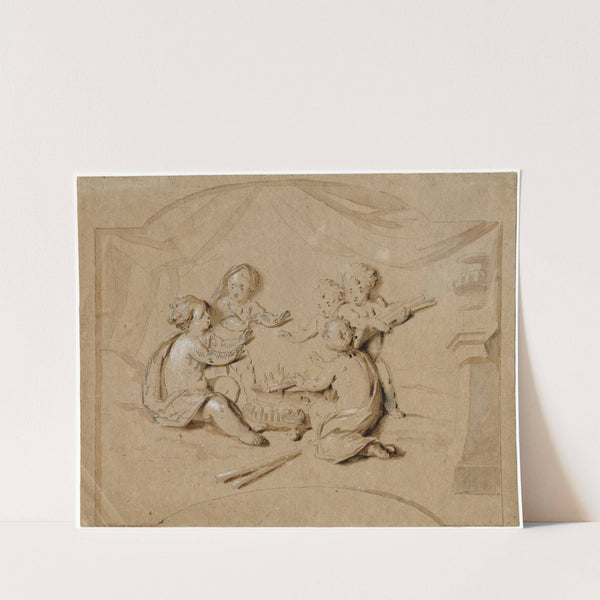 Putti warmen zich bij een vuur, de Winter by Jacob de Wit