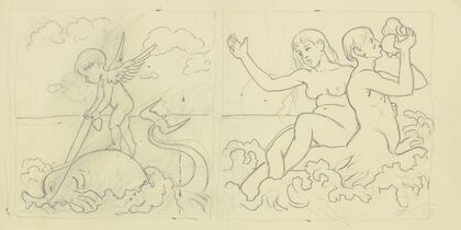 Putto auf Delphin, Tritonenpaar (Kachelentwürfe)