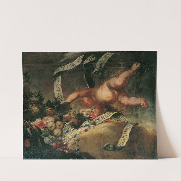 Putto mit Blumen, Früchten und Spruchband by Peter Strudel