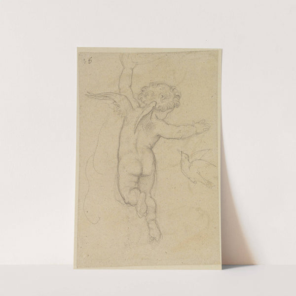 Putto mit Vogel, vom Rücken gesehen, mit ausgebreiteten Armen, senkrecht auffliegend by Moritz von Schwind