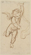 Putto, von vorn, nach rechts fliegend und mit der rechten Hand nach unten deutend