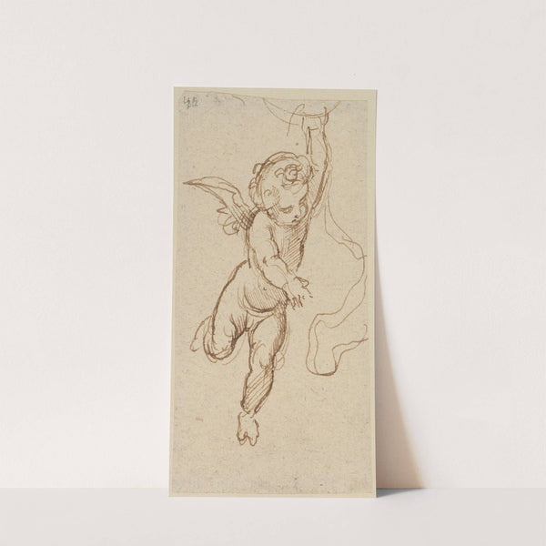 Putto, von vorn, nach rechts fliegend und mit der rechten Hand nach unten deutend by Moritz von Schwind