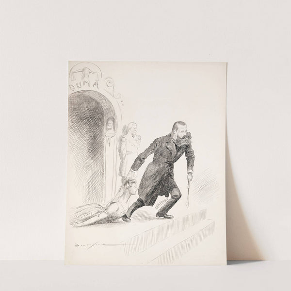 Pyotr Stoylpin, a Russian politician drags a woman representing Liberty by the hair from a building by Homer Davenport