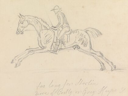 Racehorse with Jockey Up; Galloping, Seen from the Near-Side; the Jockey Holds a Switch