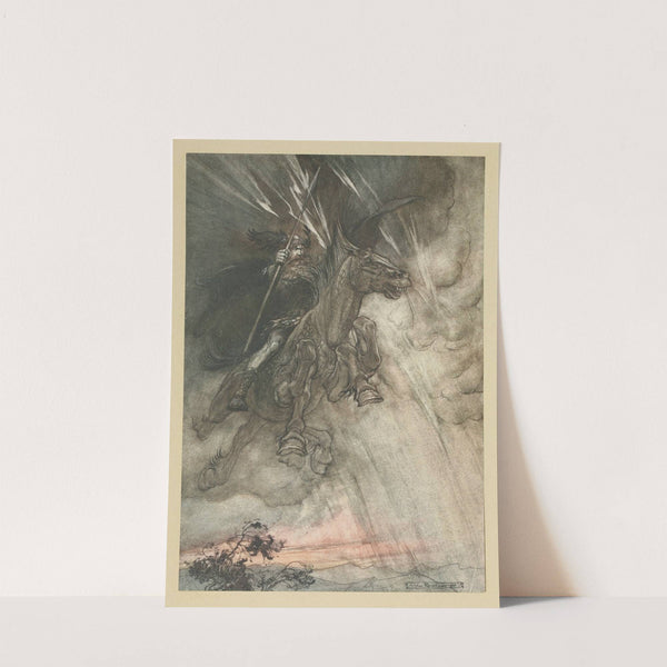 Raging, Wotan Rides to the rock, like a storm-wind he comes! (1910) by Arthur Rackham