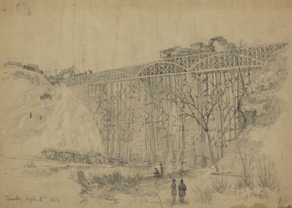 Railroad train containing President Lincoln crossing Potomac Creek bridge on his way to review the Army of the Potomac
