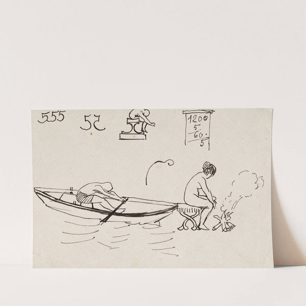 Rameur dans une barque et femme assise près d’un feu de bois by Arthur-Joseph Gueniot