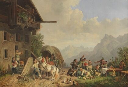 Rauferei vor einem Wirtshaus