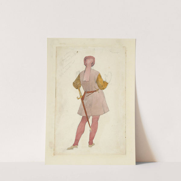 Rear view of man in a tunic and belt with sword, tights, gloves and hat with long tail by Stewart Watson