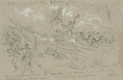 Rebel advance through the smoke, and seizure of a part of the breastworks on Brock road. The logs had caught fire