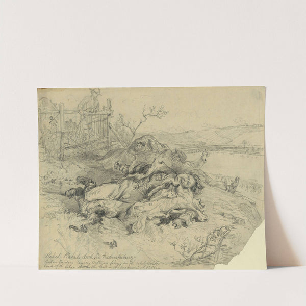 Rebel pickets dead, in Fredericksburg. Pontoon bridge, Union batteries firing on the rebel works back of the city. by Arthur Lumley