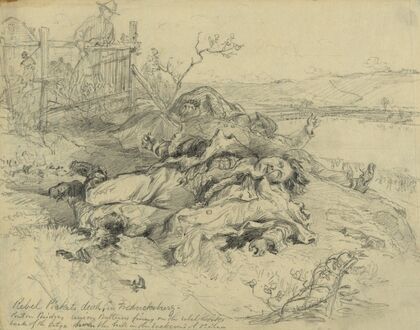 Rebel pickets dead, in Fredericksburg. Pontoon bridge, Union batteries firing on the rebel works back of the city