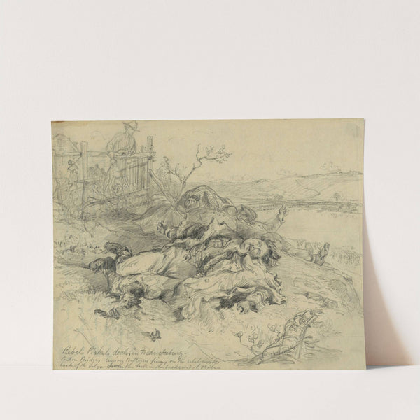 Rebel pickets dead, in Fredericksburg. Pontoon bridge, Union batteries firing on the rebel works back of the city by Alfred Rudolph Waud