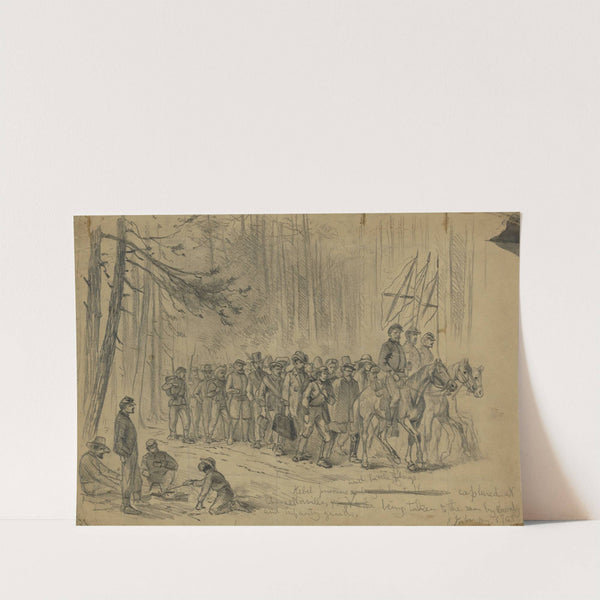 Rebel prisoners and battle flags captured at Chancellorsville, being taken to the rear by cavalry and infantry guards by Edwin Forbes