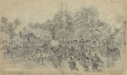 Rebels leaving Mechanicsville. Union batteries shelling the Village