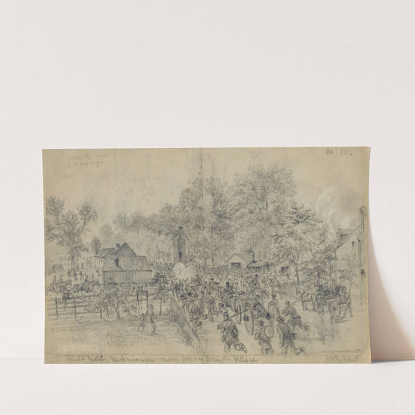 Rebels leaving Mechanicsville. Union batteries shelling the Village by Alfred Rudolph Waud
