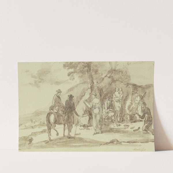 Rechts an einem Berghang eine Gruppe von vier Personen mit einem Kind bei einer Feuerstelle by Johann Andreas Herrlein