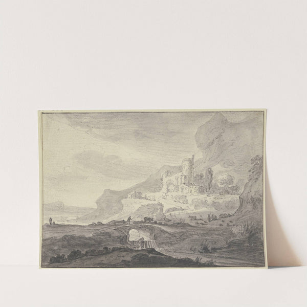 Rechts bei hohem Felsen eine Burg, vorne eine Brücke über einem Wasserfall by Jan Asselijn