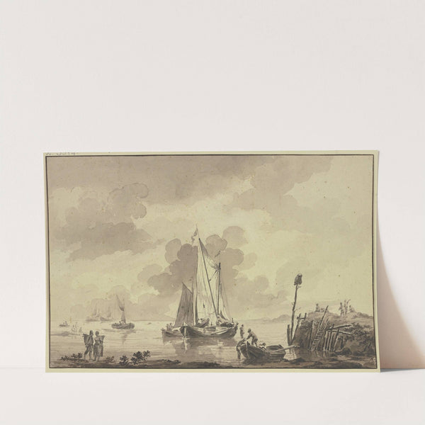 Rechts ein Damm auf welchem fünf Figuren sich aufhalten, auf einer Stange ein umgedrehter Korb by Cornelis de Grient