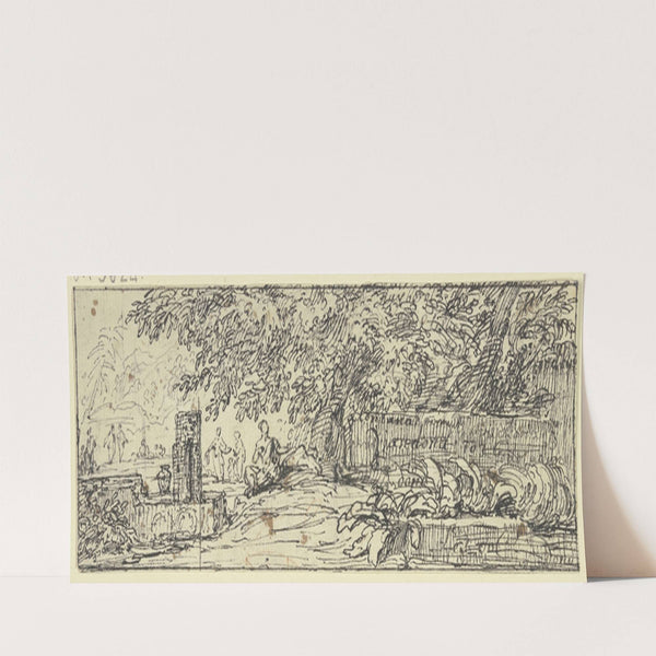 Rechts eine große Baumpartie mit altem Mauerwerk, auf welchem viele Inschriften eingetragen sind, links ein Brunnen by Abraham Genoels II