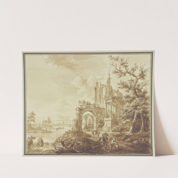 Rechts neben einem Baum eine Ruine, durch die ein Weg führt, mit Bauern und einem Lasttier, links Ausblick auf eine Flußlandschaft by Franz Hochecker