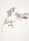 Reclining female figure, left hand resting on globe, right arm raised in front of face, seen from below