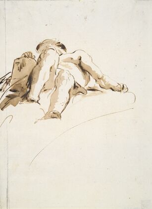 Reclining male nude with right hand resting on a stone tablet, seen from below