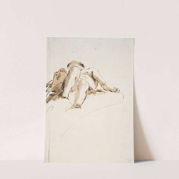 Reclining male nude with right hand resting on a stone tablet, seen from below (ca. 1740–50) by Giovanni Battista Tiepolo