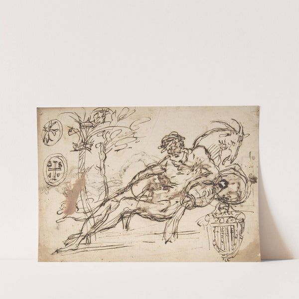 Reclining River God, a Goat's Head, and Studies of Heraldic Emblems by Domenico Gargiulo