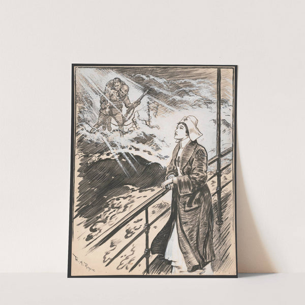 Red Cross nurse standing at the railing of a ship, has a vision of wounded soldiers across a stormy sea by William Allen Rogers