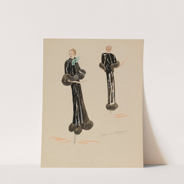 Redingote noire avec cape fermée par ruban vert et bordée de fourrure (1938) by Jeannette