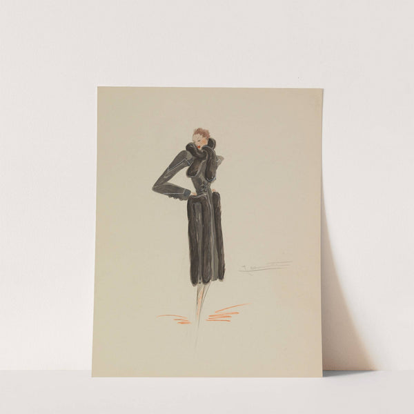 Redingote noire avec col écharpe et bordée de fourrure (1938) by Jeannette