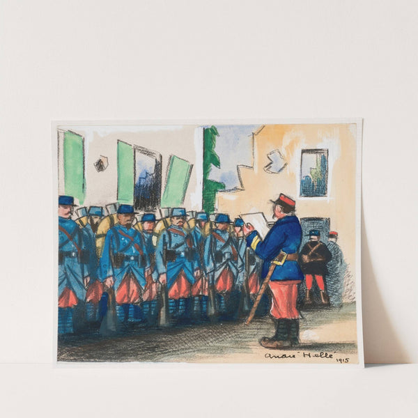 Régiment de Poilu dans un bâtiment en ruines, face à leur supérieur (1915) by André Hellé,